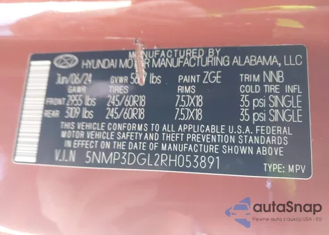 2024 Hyundai Santa Fe Xrt z USA, uszkodzony, nr VIN 5NMP3DGL2RH053891